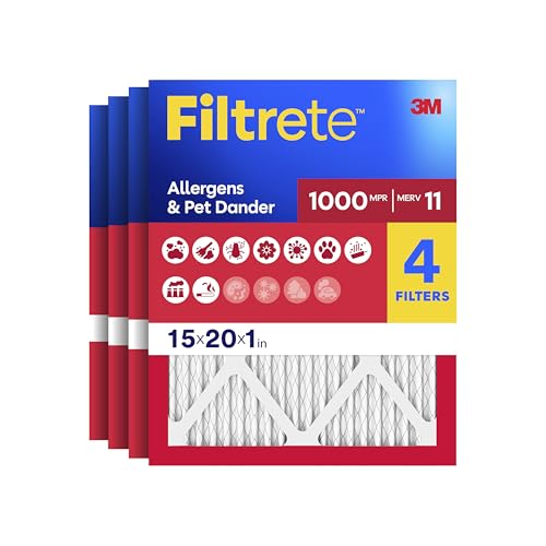 Filtrete 15x20x1 Air Filter, MERV 11, MPR 1000, Allergens & Pet Dander, 3-Month AC and Furnace Filters, Cleaner Air, Reliable Airflow, 4 HVAC Filters (Actual Size 14.81 x 19.81 x 0.81 in) - size: 15x20x1