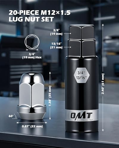 OMT M12x1.5 Lug Nuts with Cone Seat, 20pcs Lug Nuts Set with 1 Socket Key - color: Silver, size: M12x1.5, style: 20Pcs Hex Tuner