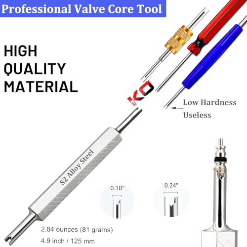 Tire Valve Stem Removal Tool Kit, R134A R12 A/C Schrader Valve Stem Core Remover Tool for Car Bicycle Tyre RV Truck, 4 Schrader/Presta Valve Caps, 6Pcs Valve Core, 3 Automotive Tools Wrench