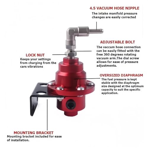 1Pc Universal Adjustable Fuel Pressure Regulator with 1Pc Oil Filled Gauge & 4 Fitting Connectors for Most Cars and Trucks(Red)