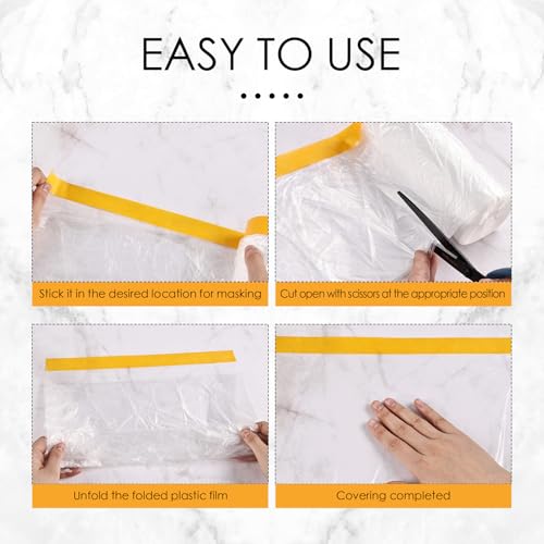 Pre-Taped Masking Film Painters Plastic with Tape 4 Rolls 5 x 65 Feet Paint Adhesive Protective Film Clear Drop Cloth for Painting Automotive Covering and Appliance Protection - size: 5*65 Feet