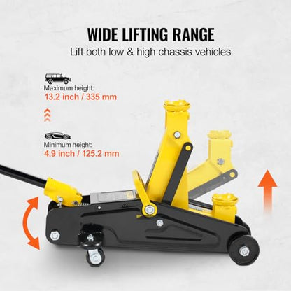 VEVOR Low Profile Floor Jack 2 Ton (4400 lbs), Heavy Duty Iron Hydraulic Racing Floor Jack, Hydraulic Car Jack, Single Piston Quick Lift Pump, 4.9"-13.2" Height Lifting Range (Yellow) - size: 2T