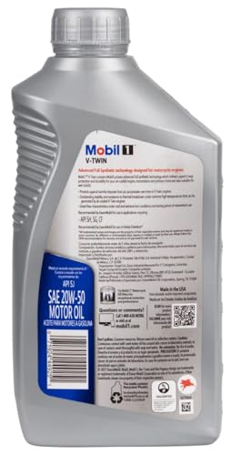 Mobil 1 Motor Oil, V-Twin, 20W50, Synthetic, 1 qt Bottle, V-Twin Motorcycles, Each - size: 1 Quart (32 Ounces)