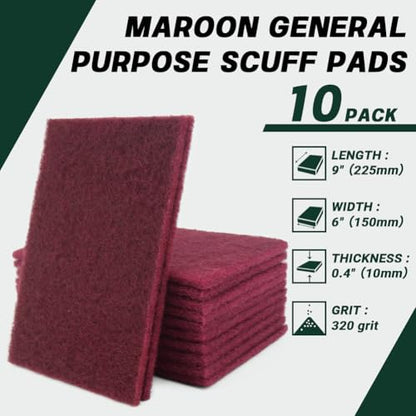 6" x 9" Maroon General Purpose Scuff Pads, 10 Pack – Non-Woven Hand Pads for Scuffing, Scouring, Sanding, Cleaning, Blending & Paint Surface Prep on Auto Body – Reusable Aluminum Oxide Abrasive Pads - color: Maroon