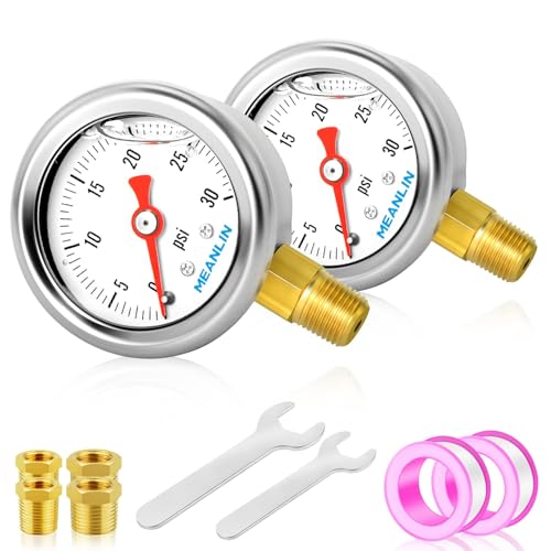 MEANLIN MEASURE 2pcs 0~30Psi Stainless Steel Liquid Filled, 1/8" NPT 1.5" Glycerin Filled Pressure Gauge, Water Oil Air, Lower Mount, with 1/4" NPT and 3/8" NPT Hex Bushing - size: 0-30Psi