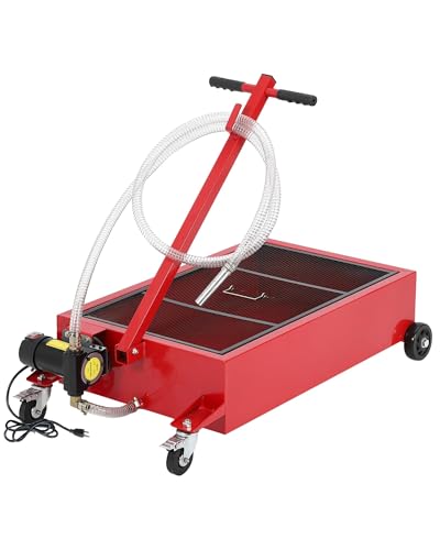 25 Gallon Low Profile Oil Drain Pan with 110V Electric Pump, Large Capacity Rolling Oil Change Tank, 8.2ft Discharge Hose & Folding Handle for Trucks, Buses, RVs and Cars - color: Red, size: 25 Gallon with 110V Electric Pump