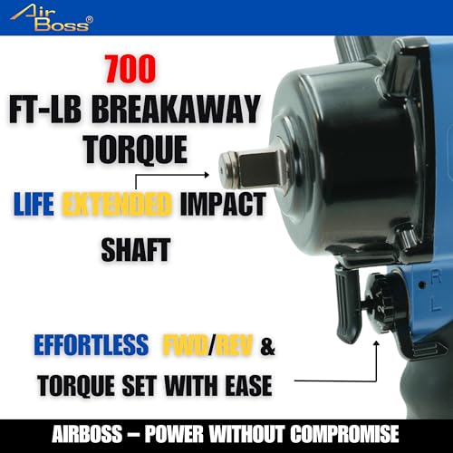 Airboss AW-100T 1/2" Stubby Air Impact Wrench, 700 ft-lbs Breakaway Torque, Twin Hammer, Magnesium Alloy, Compact High Torque Pneumatic Tool for Lug Nuts, Tire Service, Tight Spaces & Auto Shop - size: 700 FT LB
