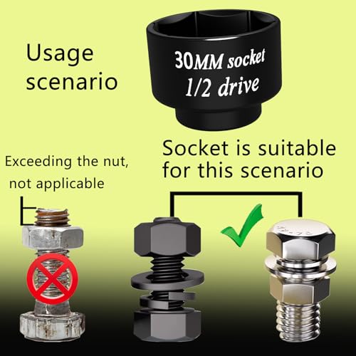 30mm Stubby Impact socket 1/2 drive 6 Point wrench tool, for pulley and semi brake caliper retaining bolts Toyota 3VZ oil cooler Camry LE 4 cylinder the spark plug nuts Lawn Mower blades bolts - color: Black, size: 30mm