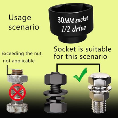30mm Stubby Impact socket 1/2 drive 6 Point wrench tool, for pulley and semi brake caliper retaining bolts Toyota 3VZ oil cooler Camry LE 4 cylinder the spark plug nuts Lawn Mower blades bolts - color: Black, size: 30mm