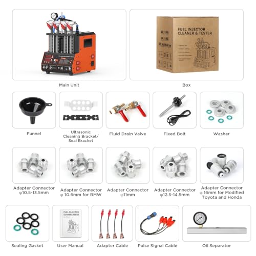 Fuel Injector Cleaner Tester Kit 2000ML 28KHz Ultrasonic & Heated Injector Cleaner Machine 9 Test Mode Injector Tester 4-Cylinder Fuel System Injection Cleaning Tool for 5V/12V Motorcycle Car Injector - size: Large
