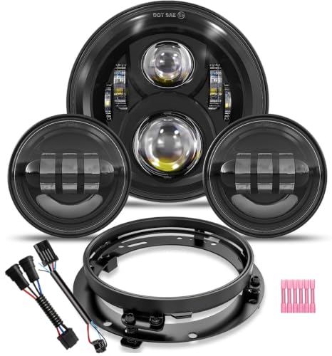 7 inch Motorcycle LED Headlight 4.5" Fog Passing Lamps DOT Kit Compatible with Harley Davidson Street Glide Fat Boy Heritage Softail Road King Switchback Electra Glide Ultra Classic-Black - color: Black