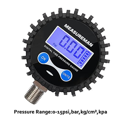 MEASUREMAN 2-1/2" Dial Size Digital Air Pressure Gauge with 1/4'' NPT Bottom Connector and Protective Boot, 0-15psi, Accuracy 1%, Battery Powered - size: Long thread, style: 0-15psi