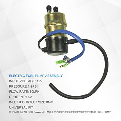 Electric Fuel Pump 12v (8mm In/Outlet) Compatible with Kawasaki Mule 3000 3010 3020 2520 2500 2510 1000 Repalce 49040-1055 KAF620 KF620