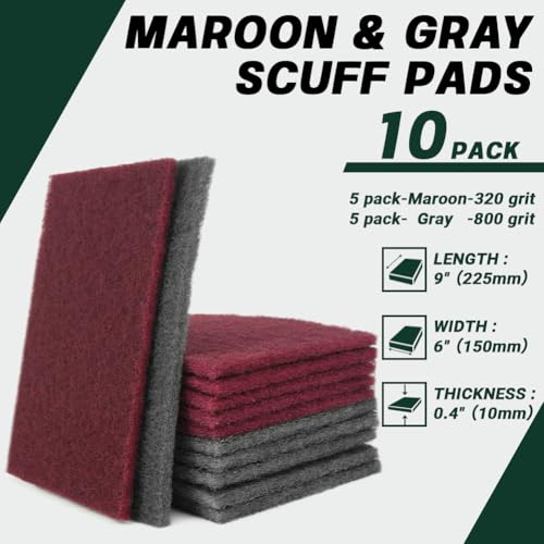 6" x 9" Scuff Pad 10-Pack – Non-Woven Hand Pads for Scuffing, Scouring, Sanding, Cleaning, Blending & Paint Surface Prep – Reusable Aluminum Oxide Abrasive Pads - color: Maroon/Gray