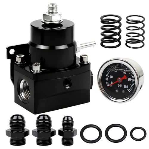 EFI Fuel Pressure Regulator Kit 3-70psi with Gauge Springs Universal Adjustable Aluminum 8AN Feed to 6AN Return (Black) - color: black