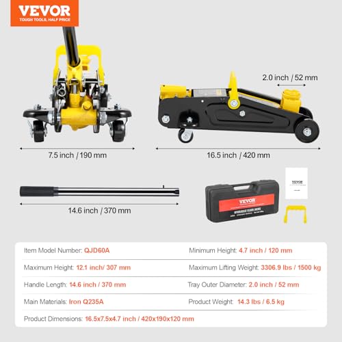 VEVOR Low Profile Floor Jack 1.5 Ton (3300 lbs), Heavy Duty Iron Hydraulic Racing Floor Jack, Hydraulic Car Jack, Single Piston Quick Lift Pump, 4.7"-12.1" Height Lifting Range (Yellow) - size: 1.5T