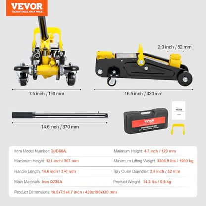 VEVOR Low Profile Floor Jack 1.5 Ton (3300 lbs), Heavy Duty Iron Hydraulic Racing Floor Jack, Hydraulic Car Jack, Single Piston Quick Lift Pump, 4.7"-12.1" Height Lifting Range (Yellow) - size: 1.5T