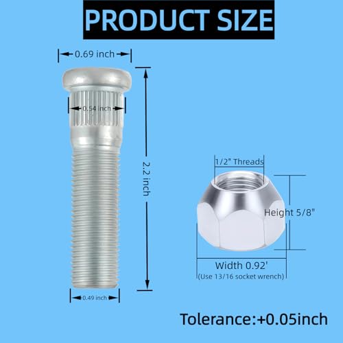 12Sets Trailer Studs with Nuts 1/2"-20 for 2000-3500 lb – 0.54" Spline, 0.69" Head, 2.2" L