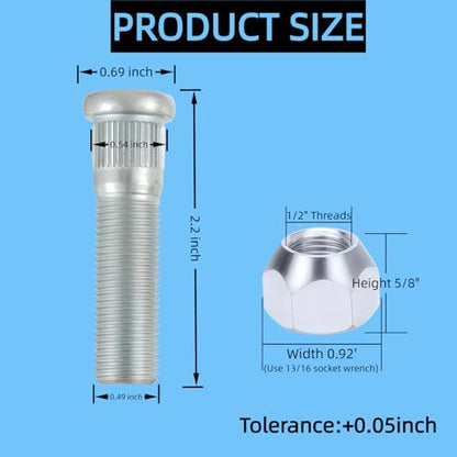 12Sets Trailer Studs with Nuts 1/2"-20 for 2000-3500 lb – 0.54" Spline, 0.69" Head, 2.2" L