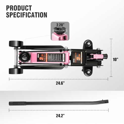 DNA Motoring 3 Ton Low Profile Floor Jack, 3 tons (6000 lbs) Capacity Fast Lift Hydraulic Trolley Service/Floor Jack, 7.7 "-21" Lifting Range, Pink, TOOLS-00674-PK - color: Pink, style: 3 ton