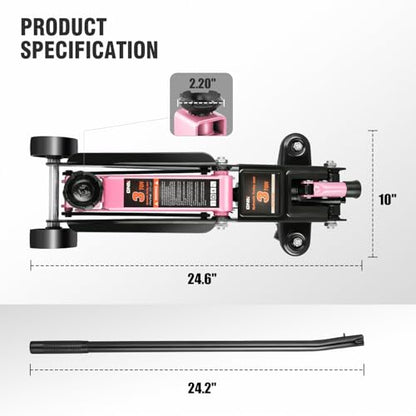 DNA Motoring 3 Ton Low Profile Floor Jack, 3 tons (6000 lbs) Capacity Fast Lift Hydraulic Trolley Service/Floor Jack, 7.7 "-21" Lifting Range, Pink, TOOLS-00674-PK - color: Pink, style: 3 ton