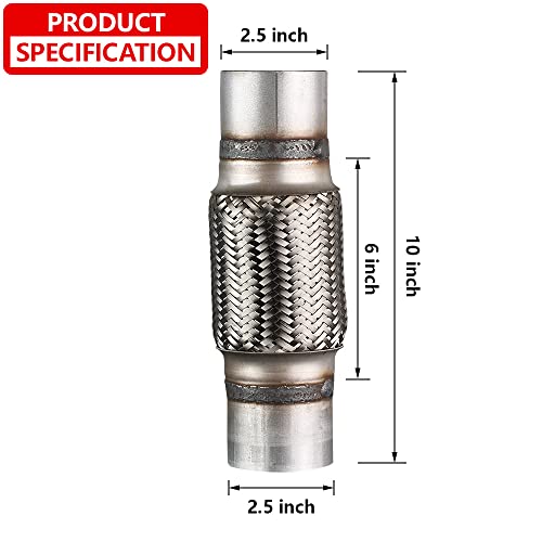 Exhaust Flex Pipe, 2.5''x 6''Stainless Steel Heavy Duty Exhaust Flex Pipe, Double Braid Exhaust Flex Tube, Overall Length 10'' - size: 2.5''x6''x10'', style: 1 PC