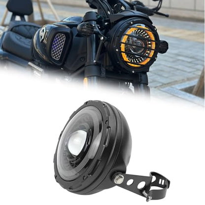 7inch Flowing White/Amber DRL Motorcycle Start-up Headlight with Aluminum Alloy Housing Bucket 32-40mm Lamp Shell Fork Tube Bracket - color: Amber w/ Housing