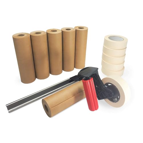 IDL Packaging Masking Kit - 12" x 60 Yards Brown Masking Paper (6 Rolls) & 1.41" x 60 Yards White Tape (6 Rolls) & Masking Paper/Tape Dispenser (Built-in Blade) - size: Pack of 6, style: Masking Kit 12" White