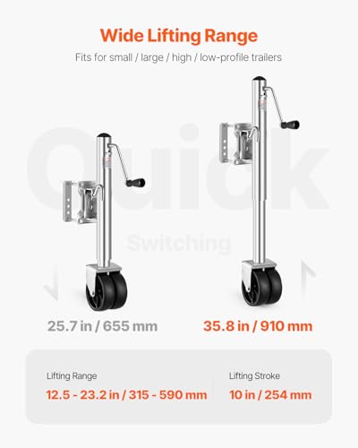 VEVOR Trailer Jack with Wheel, 2000 lbs Load Capacity, Heavy Duty Swivel Boat Trailer Jack with PP Single Wheel & Ergonomic Handle, 12-inch Lift, Fit for RVs, Boats, Horse Trailers, Utility Trailers - size: 2000lbs Upgraded (12-inch Lift)