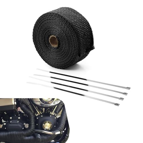 Car Exhaust Heat Wrap, 196" Motorcycle Fiberglass Heat Resistant Fabric Shield Tape, Fiber Heat Insulation Tape, Universal Cuttable Protective Modification (Black)