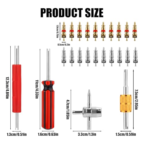 Tire Valve Repair Tool Set, 4pcs Valve Stem Core Wrench Removal Tools & 10pcs Copper Valve Cores & 10pcs Copper Nickel Plated Valve Cores Remover Accessories Kit for All Standard Valves Cars Trucks