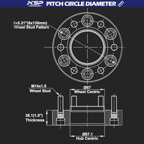 KSP 6x135 to 6x135 Wheel Spacers for F150, 1.5in 38mm Hubcentric 6 Lug Wheel Adapters for 2015-2026 F150 Expedition,Navigator with M14x1.5 Studs and 87.1mm Hub Bore, 4pcs Black - size: 1.5" 2015-2026 F150