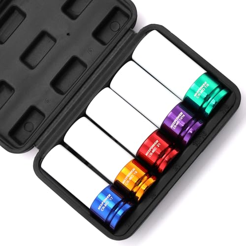 MIXPOWER 5 Pieces 1/2" Drive Wheel Protector Impact Socket Set, CR-MO, Metric/SAE, Thin Wall Deep Impact Socket Set, 6 Point, Color-Coded, 17mm, 19mm, 21mm, 13/16", 7/8" - size: 17 mm, 19 mm, 21 mm, 20.64 mm, 22.23 mm
