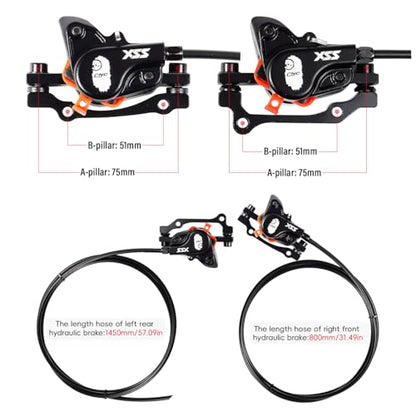CNC MTB Hydraulic Disc Brake Set，Mountain Bike Hydraulic Disc Brakes Right Front 800mm Left Rear 1450mm Hydraulic Brake，Black - color: Black-Rear