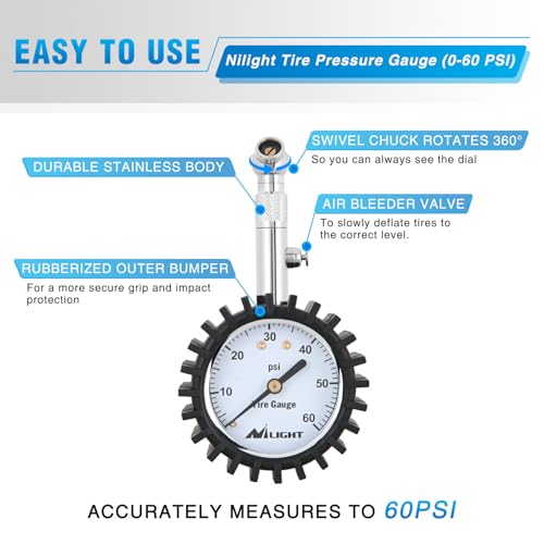 Nilight Tire Pressure Gauge 60PSI Stainless Steel Air Chucks - color: 60psi Tire Gauge