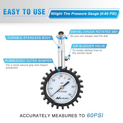 Nilight Tire Pressure Gauge 60PSI Stainless Steel Air Chucks - color: 60psi Tire Gauge