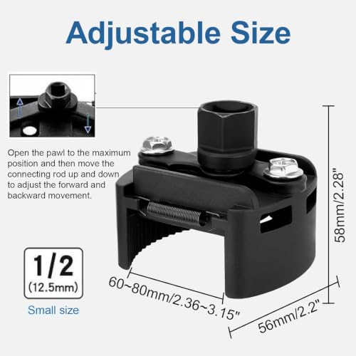 Universal Adjustable Oil Filter Wrench– 2-3/8 to 3-1/8 Inch (60-80mm) - 1/2'' Drive Cap Style Oil Filter Removal Tool, Fits Small to Medium Spin-on Filters, UTVs, Jet