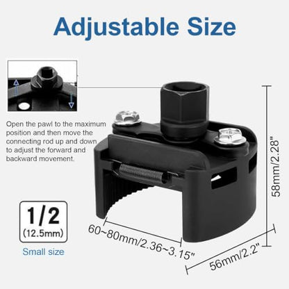 Universal Adjustable Oil Filter Wrench– 2-3/8 to 3-1/8 Inch (60-80mm) - 1/2'' Drive Cap Style Oil Filter Removal Tool, Fits Small to Medium Spin-on Filters, UTVs, Jet