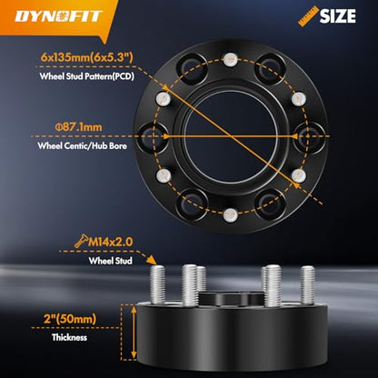 dynofit 2inch 6x135 Wheel Spacers for 2004-2014 Ford F150, 87.1mm HubCentric, M14x2.0 Thread Tire Spacers for 2003-2014 Expedition/Lincoln Navigator, 2005-2014 Lincoln Mark LT, 4Piece - size: 2 Inch (2004-2014 F150)