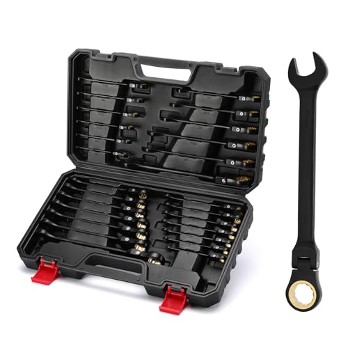 EMENTOL 26 Pieces Flex-Head Ratcheting Wrench Set, Heavy-Duty Combination Wrenches, Metric 6-22mm & SAE 1/4-7/8", 72 Teeth, CR-V Steel, with Organizer Box