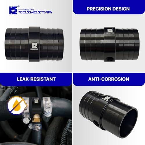 Cosmostar 1-1/2" Radiator Hose Barb Coupler Adapter with 1/8" NPT Steam Port for LS Swap – Aluminum Coolant Crossover Splice for Steam Vent Radiator Hose Fitting (Black)-NN24N02