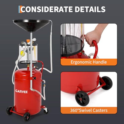 Garvee 20 Gallon Waste Oil Drain Tank, Air Operated Portable Oil Drainer with Adjustable Funnel, Fluid Fuel Transfer Drainage with Wheels, Oil Change Container for Automotive Workshops - size: 20 Gallon - Measuring Cup - Red