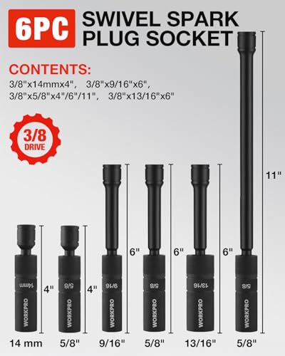 WORKPRO 3/8" Drive 6-Piece Magnetic Spark Plug Socket Set - size: 6PC(14MM,5/8",9/16",13/16")