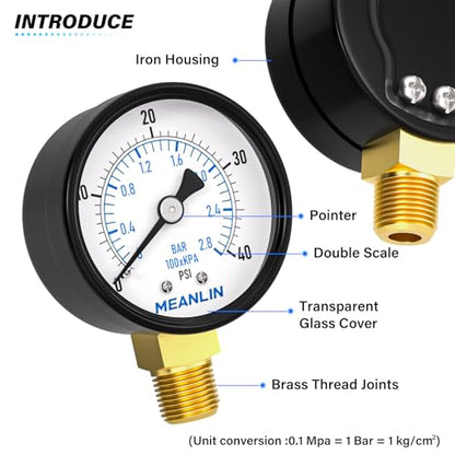 MEANLIN MEASURE 0-40Psi 2" DIAL FACE 1/4" NPT Well Pump Pressure Gauge, with 1/2" NPT and 3/8" NPT Hex Bushing, 3-2-3% Accuracy, Lower Mount - color: 1/4"NPT Lower Mount, size: 0-40Psi