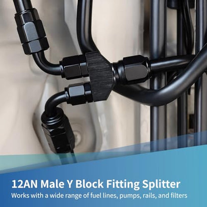 yeesport 12AN Y Block Fitting Splitter, 12 Male to Parallel Exit Dual 12AN1 Male Y Block Adapter, 3-Way 12AN Male Adapter, Rustproof Black Anodized Aluminum, for Fuel Line Rail Pump Filter Systems