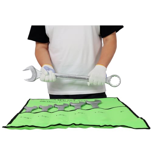 Jumbo Combination Wrench Set, 5-Piece SAE (1-3/8"-1-7/8"), Chrome Plated, Green Storage Bag - Medium-Large Sizes (1-3/8"-1-7/8"), SUVs, Pickup Trucks, General Automotive - color: 5-piece Sae (1-3/8"-1-7/8"), Chrome