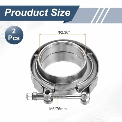 HARFINGTON 2pcs V Band Clamp with Flange 2.36 Inch 304 Stainless Steel Male Female V-Band Exhaust Clamp Flange Kit for Auto, Silver - size: 2.36 Inch