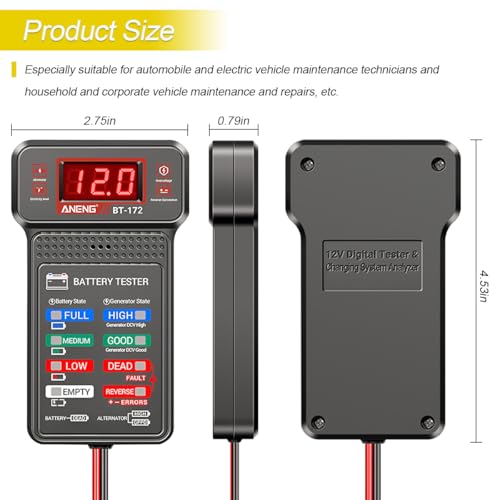 Zpana Car Battery Tester, BT172 12V Automotive Alternator Meter Diagnostic Tool with LED Indication & LCD Display, Accurate Digital Auto Battery Analyzer, Fit for Sedan Truck RV