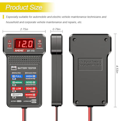 Zpana Car Battery Tester, BT172 12V Automotive Alternator Meter Diagnostic Tool with LED Indication & LCD Display, Accurate Digital Auto Battery Analyzer, Fit for Sedan Truck RV