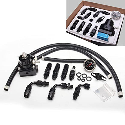 EFI Fuel Pressure Regulator Kit with 0-100psi Pressure Gauge AN6-6AN Aluminum Adjustable Universal Fuel Line Hose Fitting Connectors Kit Black HTRACING - color: Black